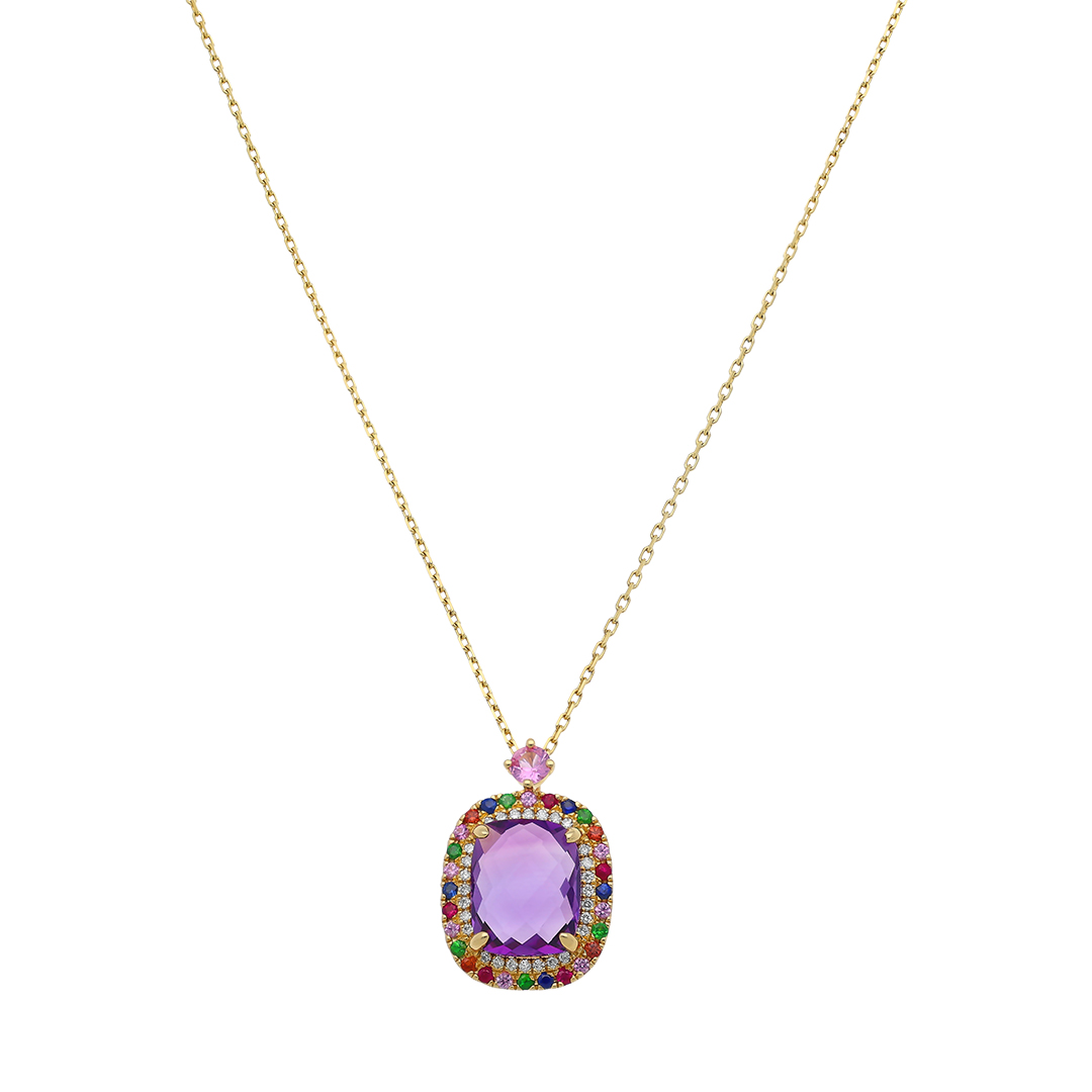 FANCIME Collar De Oro Amarillo 585 De 14 Quilates Con Colgante De Gota De Amatista/aguamarina/esmeralda/rubí/zafiro/ópalo Y Diamante Genuino Regalo Joyas Para Mujer, Cadena De Plata 925: 40 + 5 Cm